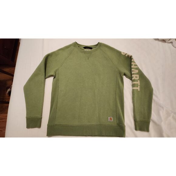 Carhartt Sweatshirt Womens L Block Textured Logo Crew Neck Relaxed Fit Green - Picture 1 of 7